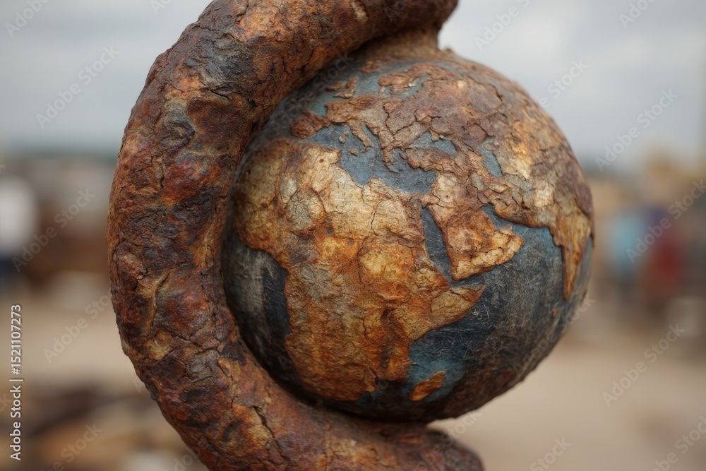 Poster rusted globe with textured surface representing africa in backdrop of an industrial landscape