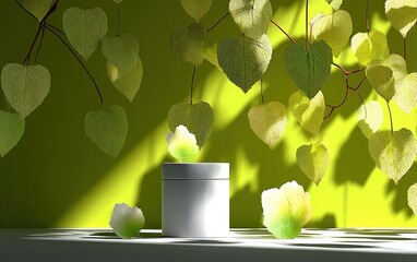 Minimal cosmetic display podium with white box on lime green, 3D mockup featuring leaf shadows and soft lighting, close-up product packaging visual