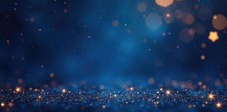 Elegant midnight blue background with gold confetti & stars, celebration background, winter background, event