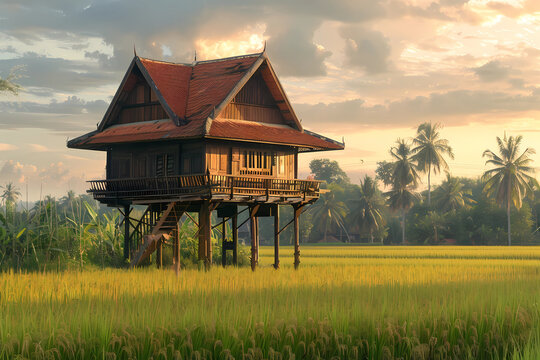 Elevated Kedah-style wooden Malay home with a gable roof and soft sunlight