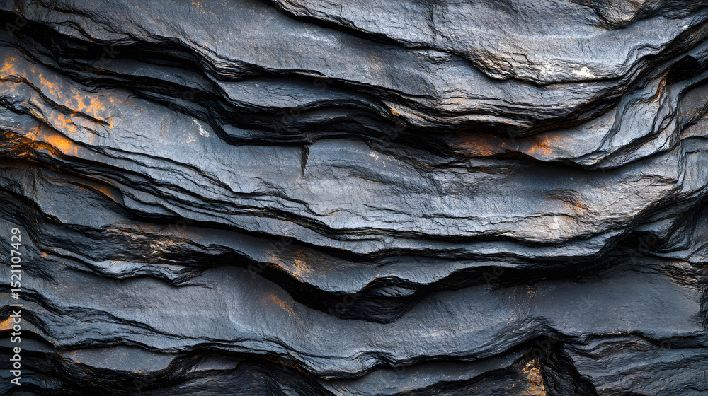 Poster close-up of dark gray natural slate texture with intricate layered patterns and polished surface, em