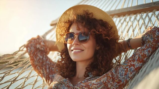 Cheerful woman with curly hair relaxes in a hammock on a sunny day with sunglasses ans straw hat.