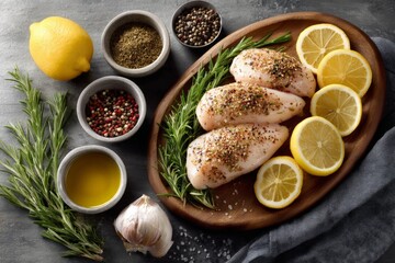 Fresh chicken fillets with herbs and spices on a wooden platter with lemon slices and seasoning bowls