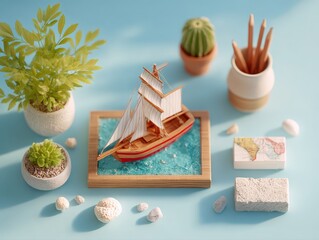 Miniature Wooden Sailing Ship Decorated with Plants and Shells
