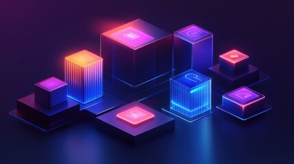 Futuristic glowing cubes with icons representing technology, communication, and data processing in a digital environment