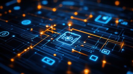 Abstract digital circuit board with glowing blue and orange lines representing technology and innovation