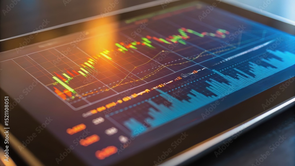 Poster a close-up of a tablet displaying colorful financial charts and graphs, indicative of market analysi