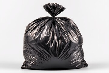 Large black garbage bag filled with waste sitting on a neutral background ready for disposal