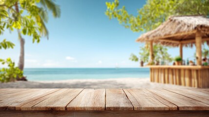 Tropical beach view with a wooden deck and a thatched roof bar in the background.