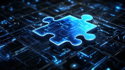 Blue glowing puzzle piece on a digital circuit board background, symbolizing technology integration