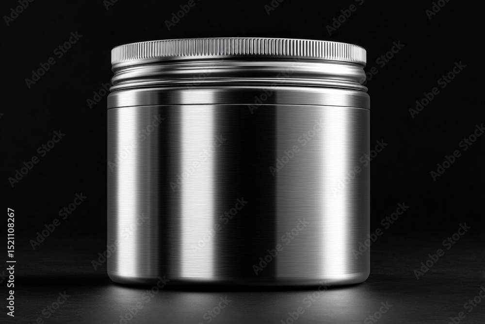 Poster metal container with silver finish displayed against a dark background showcasing modern design and 