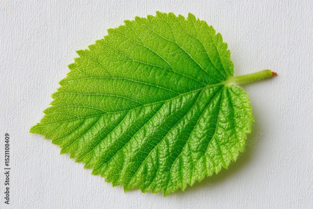 Poster bright green leaf lying flat on a textured white surface showcasing intricate vein patterns and vivi