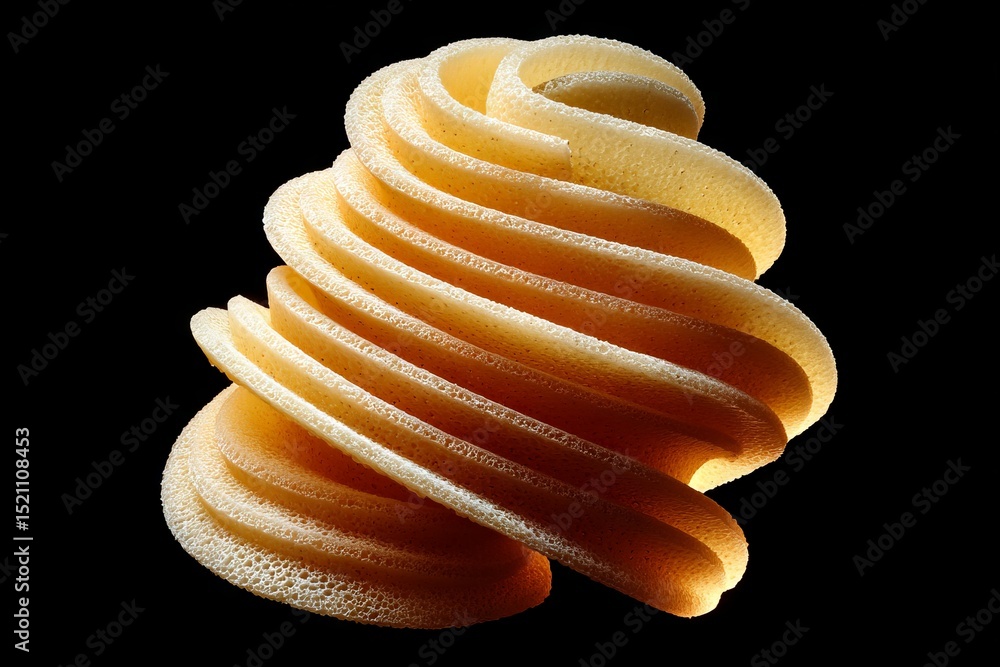 Poster Twisted caramel dessert swirl illuminated against a black background highlighting texture and form