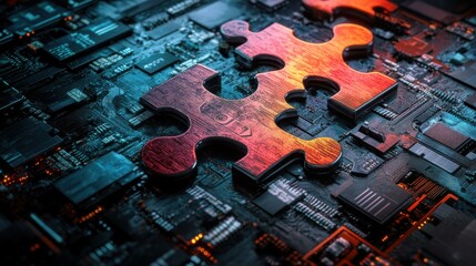 Two interlocking puzzle pieces on a circuit board, symbolizing technology integration and problem-solving