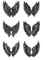 Set of black wing icon silhouettes. Angel and bird wings for logo design, tattoo ideas, or digital graphics. Clean vector style on white background. Elegant flat vector illustration.

