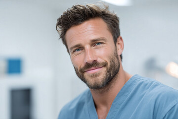 Obraz premium Confident, attractive man in scrubs smiles. A professional portrait, ideal for healthcare, science, or trust concepts. Clean, modern, approachable vibe.