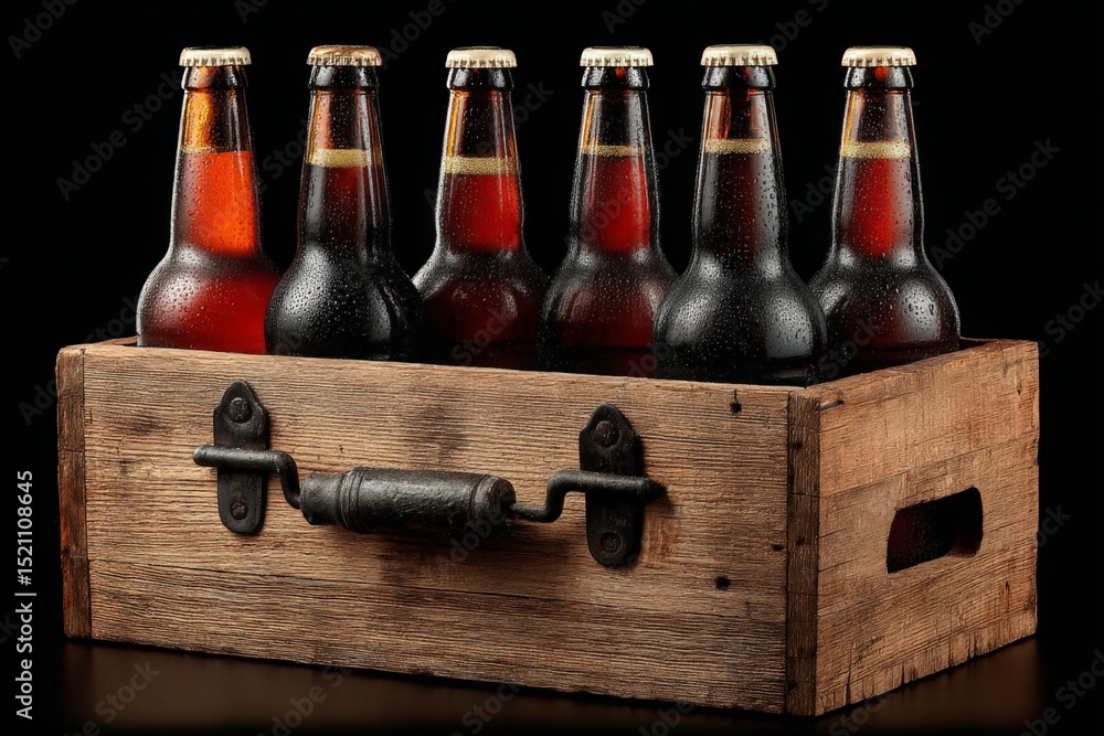 Poster craft beers in a wooden crate with condensation on bottles placed against a dark background