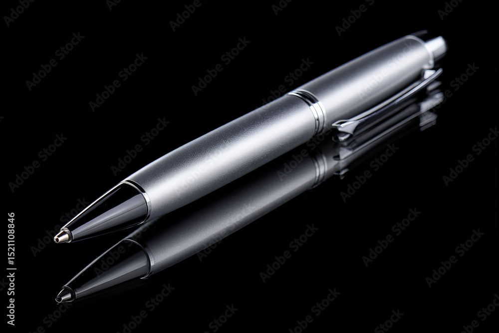 Poster stylish silver metallic pen resting on reflective surface with sleek design and minimalistic aesthet