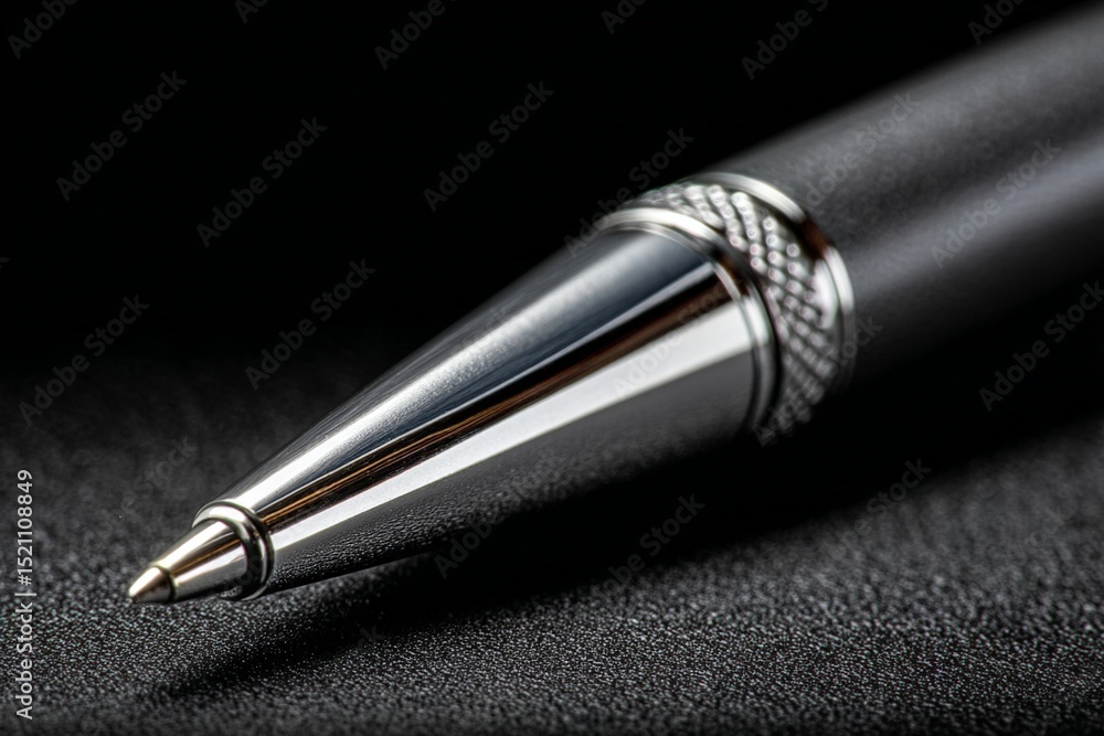 Poster Close up of a sleek metallic pen resting on a dark textured surface with reflections showing its intricate design
