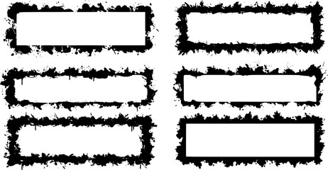 Obraz premium Grunge graffiti boarder silhouettes with wet splatters, paint drips, ink spray texture. Geometric frames with urban street art elements, blank border callouts text box. Vector illustration of grafitti