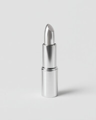Sleek, futuristic silver lipstick tube stands elegantly against minimalistic background, showcasing its clean design and modern aesthetic. This product embodies sophistication and style