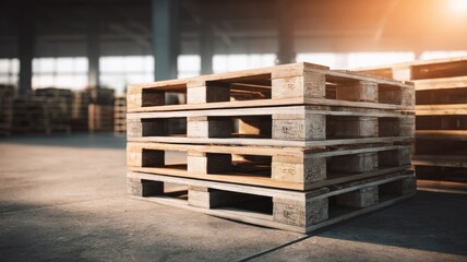 Stacks of wooden pallets in a warehouse setting with soft lighting.
