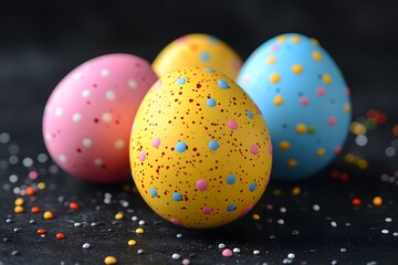 Obraz premium Colorful Easter Eggs with Polka Dot Pattern on Dark Background for Holiday Decor and Design