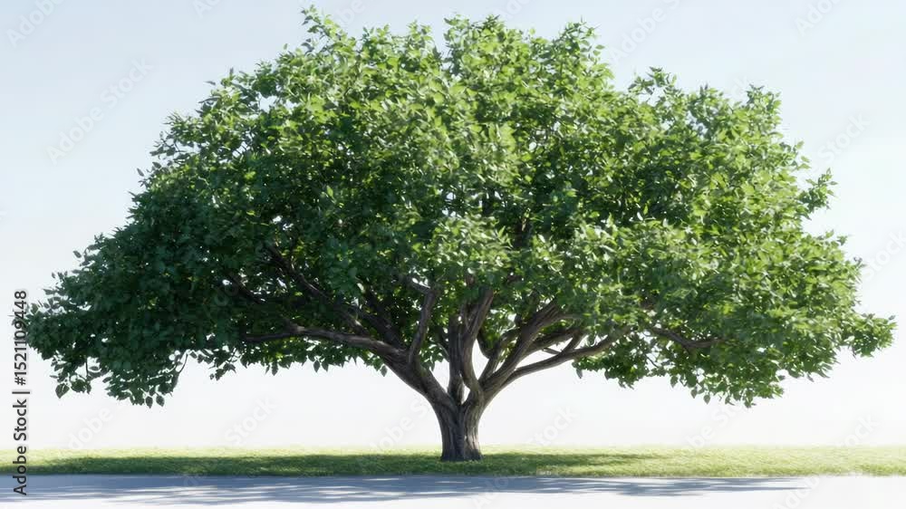 Poster a large tree sits atop a lush green field with sunlight filtering through the leaves