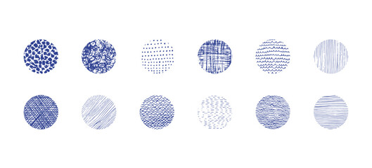 Set of isolated vector blue grunge hitting and stroking textured ink pen round shapes. Unique squiggle scratched hand drawn curve texture circles collection for graphic design, patterns