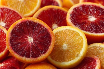 Blood oranges and regular oranges piled together highlighting their vibrant colors and textures in a fresh fruit display