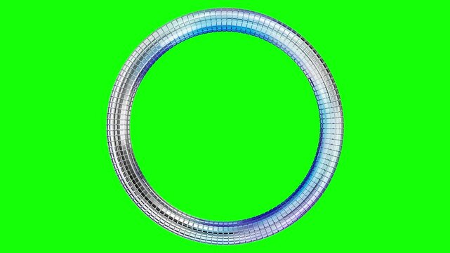A reflective, circular 3D ring composed of small, metallic tiles, creating a mosaic-like texture on a Vibrant Green Screen Chroma Key Pro Video	
