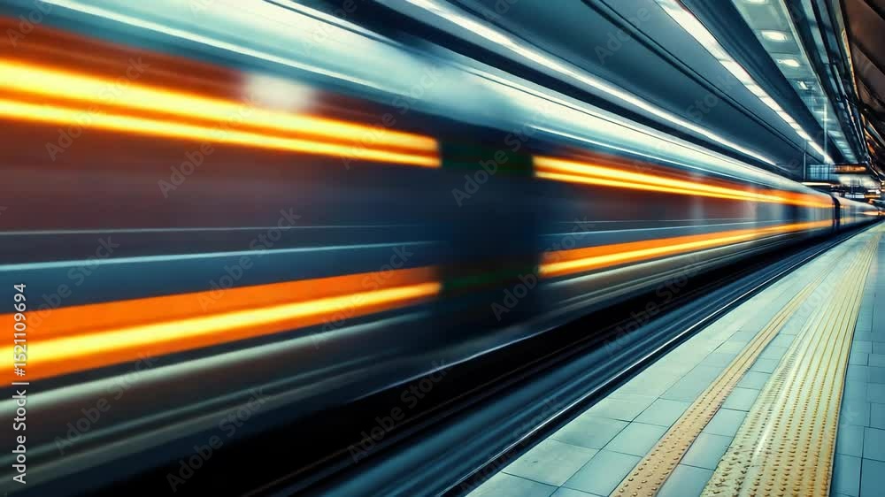 Poster a train is seen approaching a station platform with blurred movement and unclear details