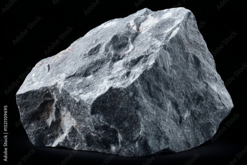 Poster unique gray rock displayed on a dark background, showcasing natural textures and surfaces under soft