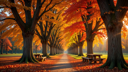 An enchanting path winds through the autumn forest, showcasing vibrant fall foliage and the serene beauty of nature