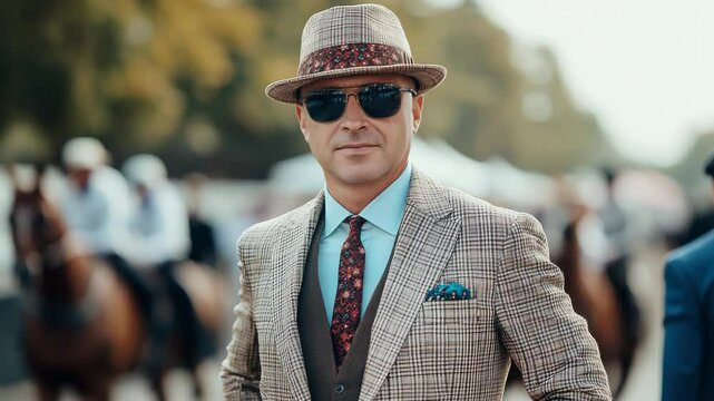 Confident gent in classic suit strolls through busy outdoor event