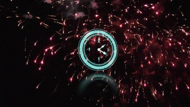 Fireworks bursting behind clock starting second hand ticking to midnight while forming progress arc