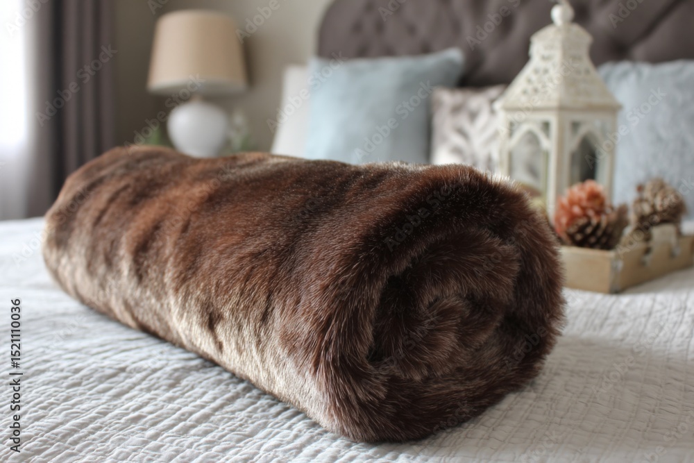 Poster cozy and stylish brown fur roll pillow on a bed with decorative elements in a serene bedroom setting