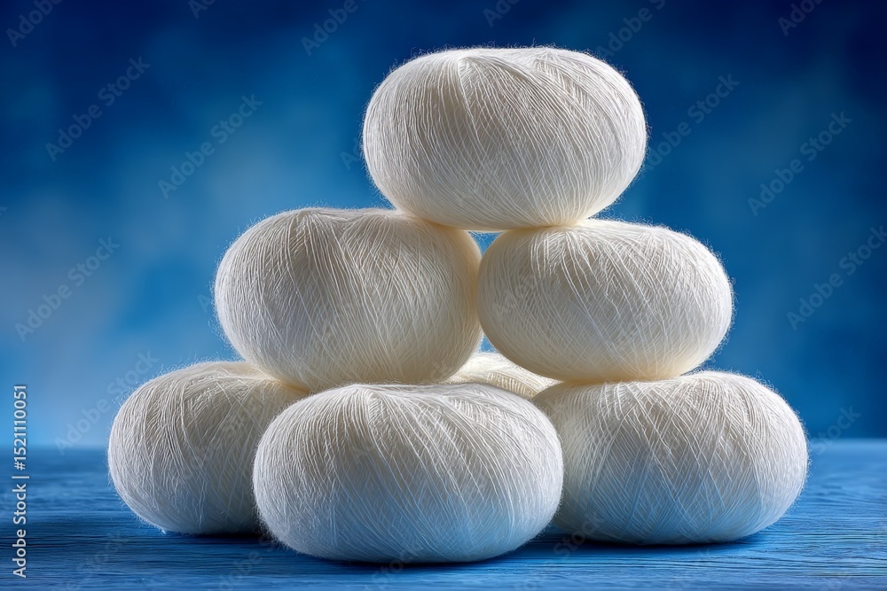 Poster Soft white yarn balls arranged in a pyramid on a blue background, creating a serene and artistic display of craftsmanship