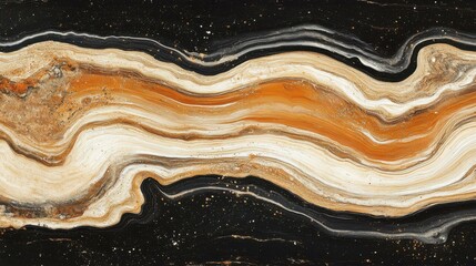 Abstract geological pattern showcasing swirling orange, white, and black hues resembling a natural stone surface