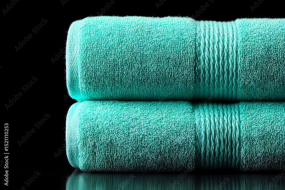 Poster soft turquoise towels stacked against a black background showcasing their texture and color
