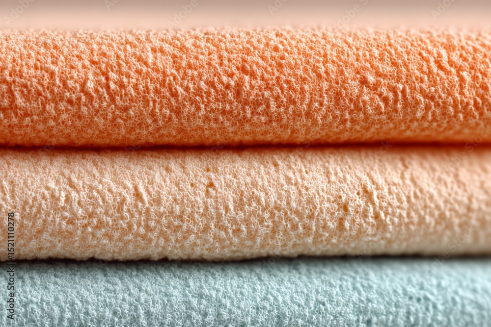 Poster soft textured towels stacked neatly in warm colors showcasing their plush fabric and inviting feel