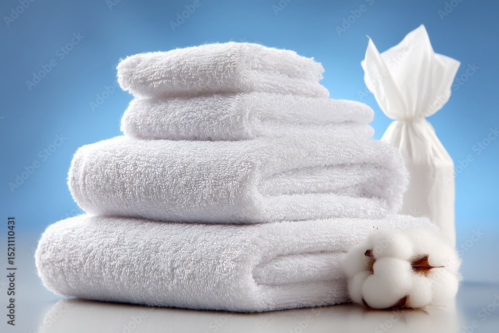 Poster Soft white towels stacked neatly with cotton and tissue on a light blue background to create a calming atmosphere