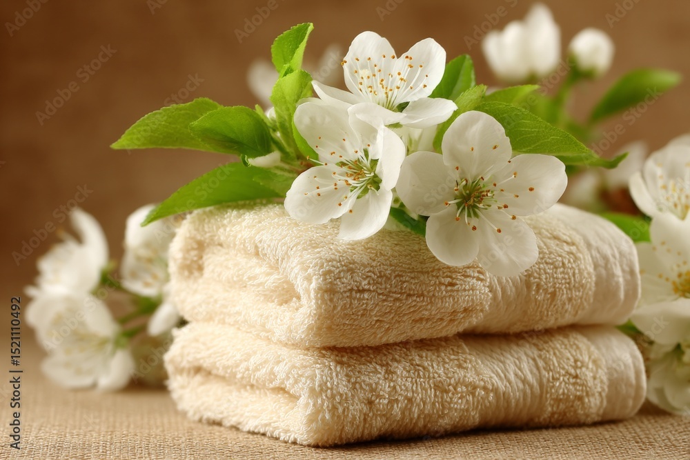 Poster soft towels arranged with white flowers on a textured surface in a serene and calming setting
