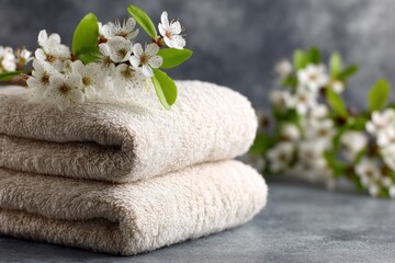 Soft towels neatly folded with delicate flowers against a serene background for a calming atmosphere