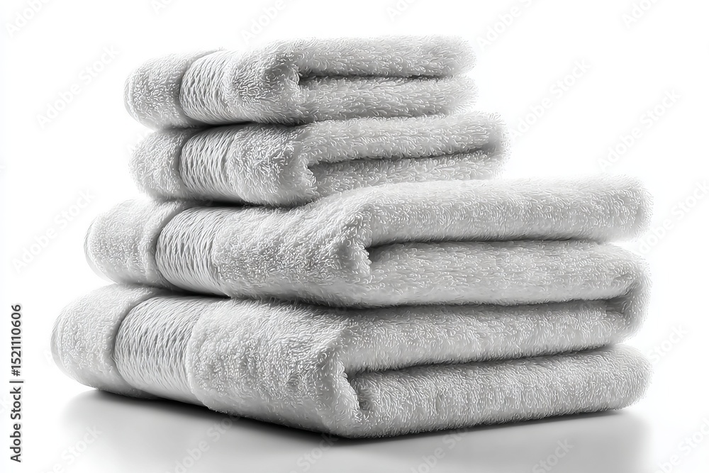 Poster soft and fluffy white towels stacked neatly on a clean surface in a bright setting, perfect for a sp