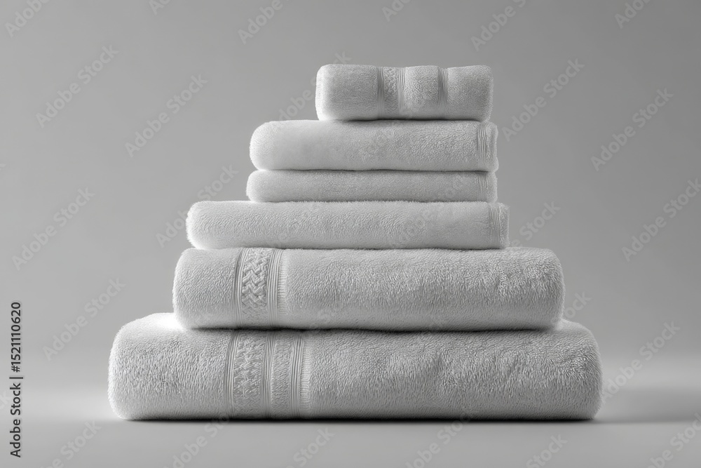 Poster luxurious white towels arranged neatly in a pleasing stack on a neutral background