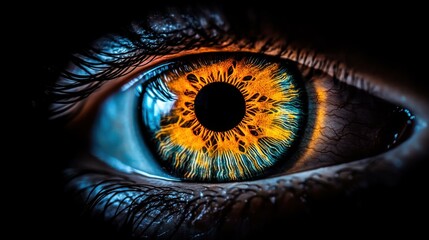 Close-up of a human eye showcasing intricate details of the iris with vibrant orange and blue hues