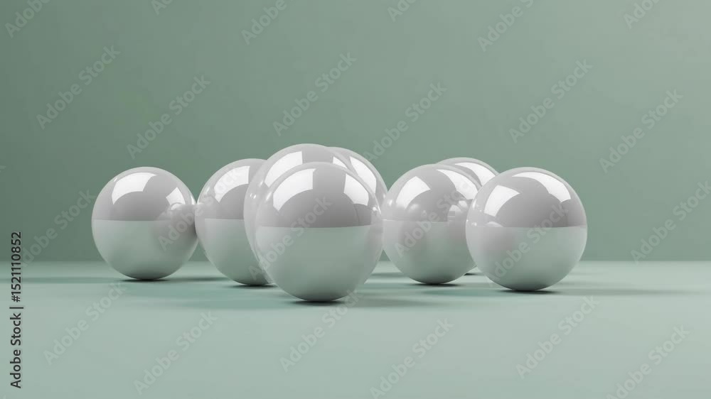 Poster pristine white spheres gradually merging on minimalist green background, forming elegant abstract co