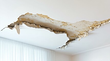 A damaged ceiling showing significant cracks and peeling paint, indicative of water damage, in a residential interior