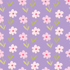 Cute lovely hand drawn pink daisy flowers seamless vector pattern illustration on purple background	
